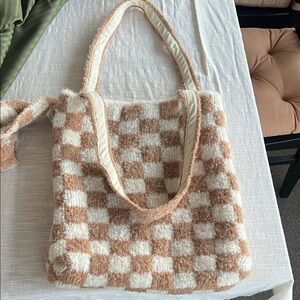 FP Movement by Free People Fuzzy Checkered Tote in Tan and Cream